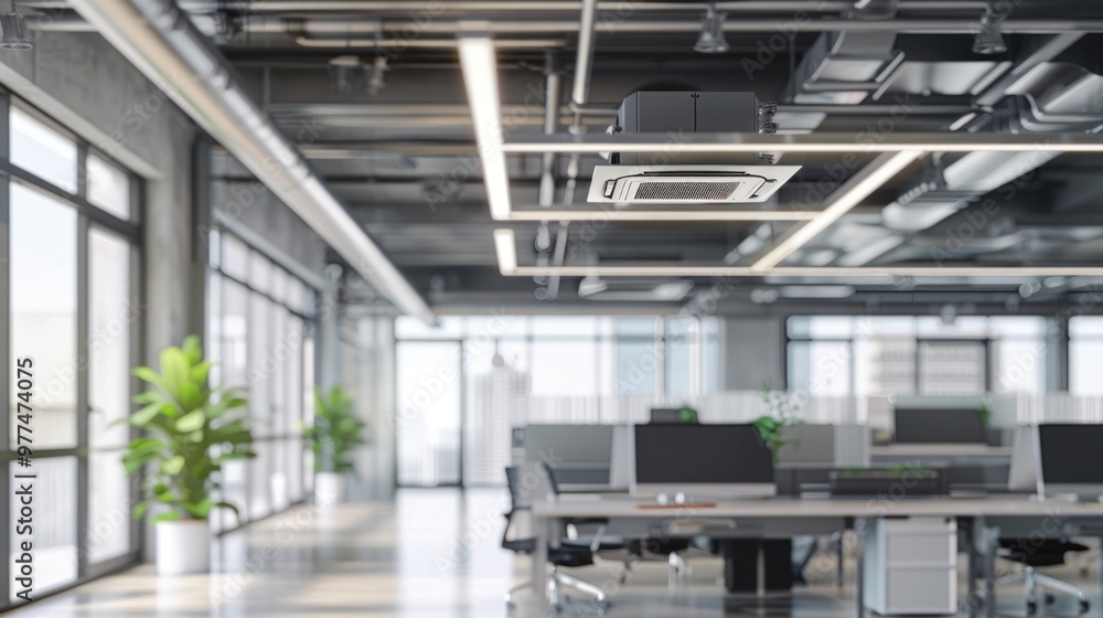 Modern Office Interior with Exposed Ceiling and Air Conditioning Unit Modern Office Interior with Exposed Ceiling and Air Conditioning Unit