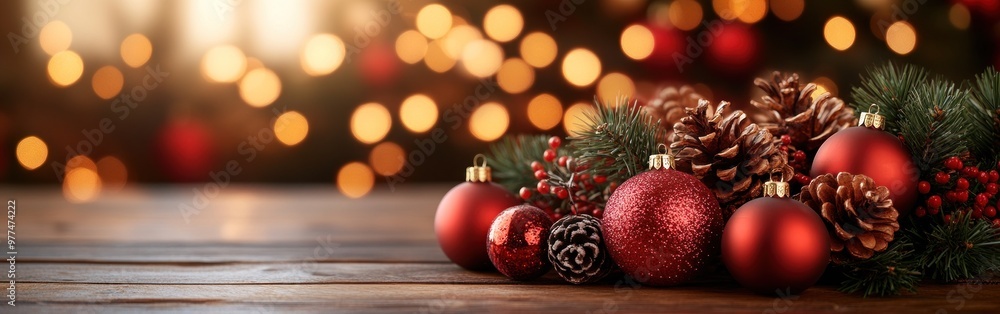 Fototapeta premium Red ornaments and pine cones are artfully arranged on wood, creating a joyful vibe