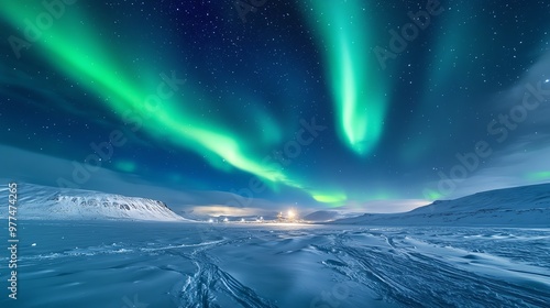 Wallpaper Mural Northern lights glowing across a snowy landscape, Northern lights over snow, Natural wonder and awe Torontodigital.ca