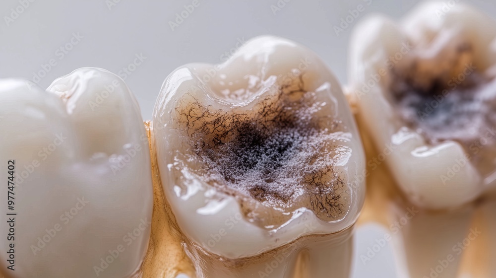 A close-up image of a tooth with a large cavity A close-up image of a tooth with a large cavity