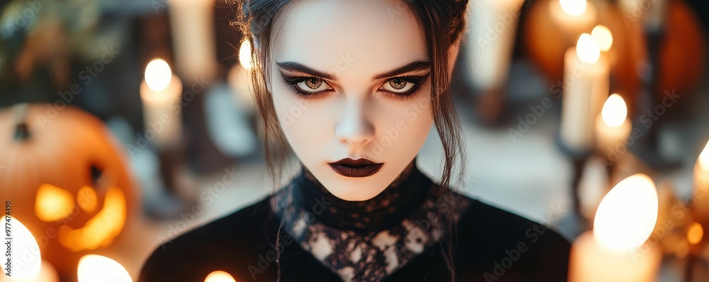 Glamorous vampire in a dark velvet gown, surrounded by gothic Halloween decor and candles, mysterious ambiance Glamorous vampire in a dark velvet gown, surrounded by gothic Halloween decor and candles, mysterious ambiance