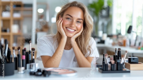 A cheerful woman with makeup brushes is sitting at a table full of beauty products, smiling brightly in a well-lit cosmetic store filled with diverse beauty options.