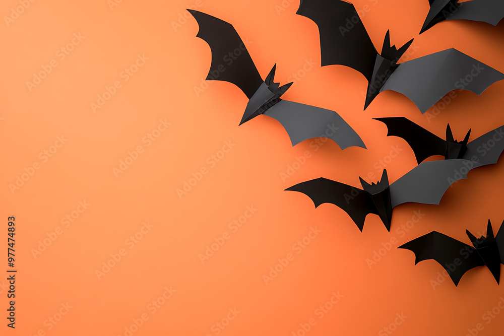Naklejka premium Black paper bats flying against an orange background, creating a Halloween-themed design.