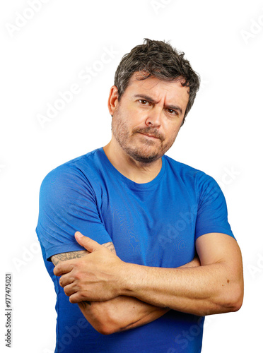 Latino man in blue t-shirt gesturing about offers and news