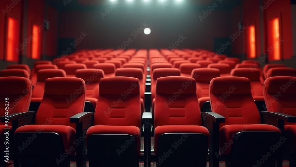 An empty modern cinema theater featuring comfortable red seats with an illuminated screen, evoking memories of the excitement and anticipation of movie experiences. An empty modern cinema theater featuring comfortable red seats with an illuminated screen, evoking memories of the excitement and anticipation of movie experiences.