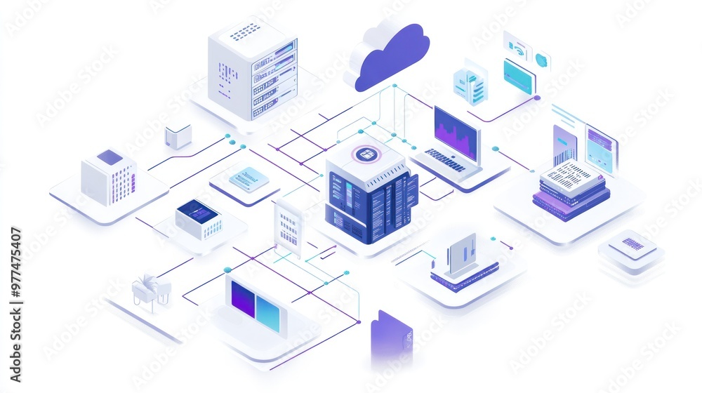 A data network diagram illustrating how data flows between cloud servers, on-premises storage, and connected devices. A data network diagram illustrating how data flows between cloud servers, on-premises storage, and connected devices.