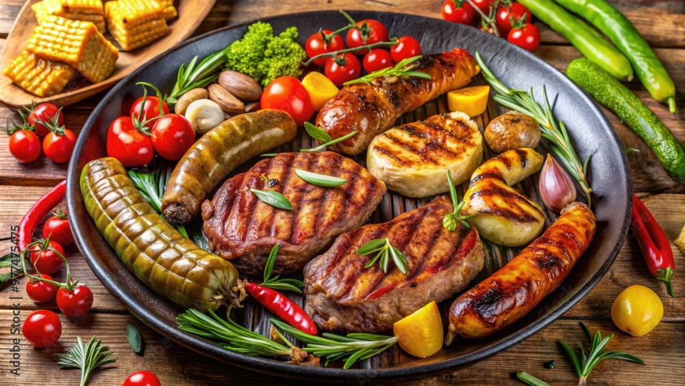 Juicy grilled steak, chicken, and sausages sizzle on a vibrant plate, surrounded by fresh vegetables and herbs, evoking a sense of mouthwatering summertime barbecue. Juicy grilled steak, chicken, and sausages sizzle on a vibrant plate, surrounded by fresh vegetables and herbs, evoking a sense of mouthwatering summertime barbecue.