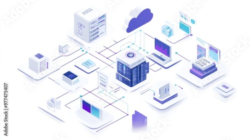 A data network diagram illustrating how data flows between cloud servers, on-premises storage, and connected devices.