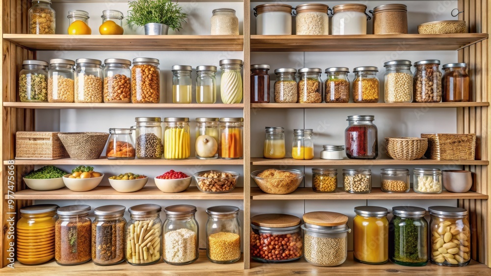 Organized pantry with food items in jars and baskets on wooden shelves Organized pantry with food items in jars and baskets on wooden shelves