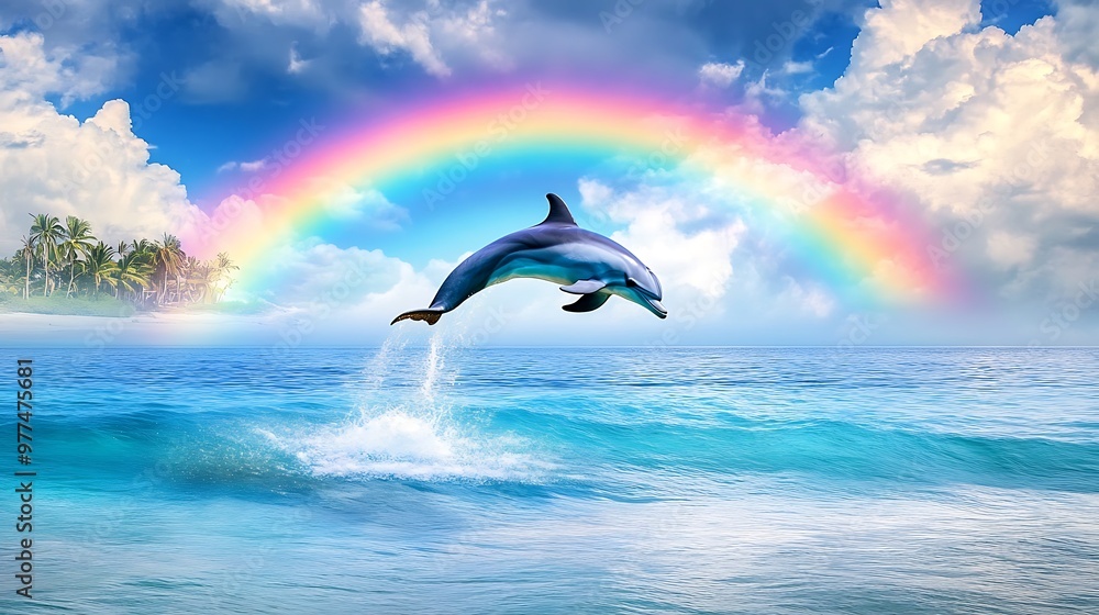 Dolphin Leaping Through Rainbow Over Tropical Ocean Dolphin Leaping Through Rainbow Over Tropical Ocean