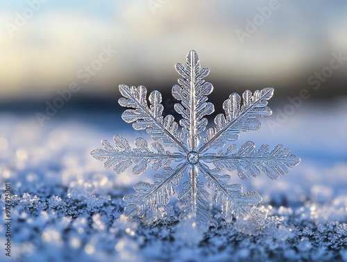 A delicate snowflake resting on a frosty surface, Snowflake closeup, Winter s beauty and fragility photo