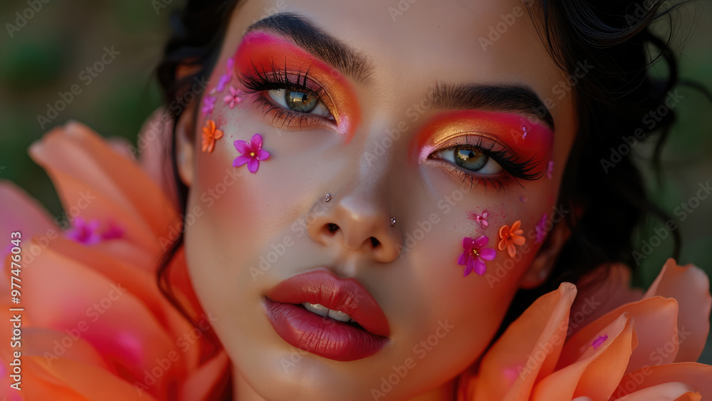 A close-up of a woman's face displaying vibrant and artistic makeup, including bold eyeshadow and small, decorative flowers, presenting a striking visual of modern beauty trends. A close-up of a woman's face displaying vibrant and artistic makeup, including bold eyeshadow and small, decorative flowers, presenting a striking visual of modern beauty trends.