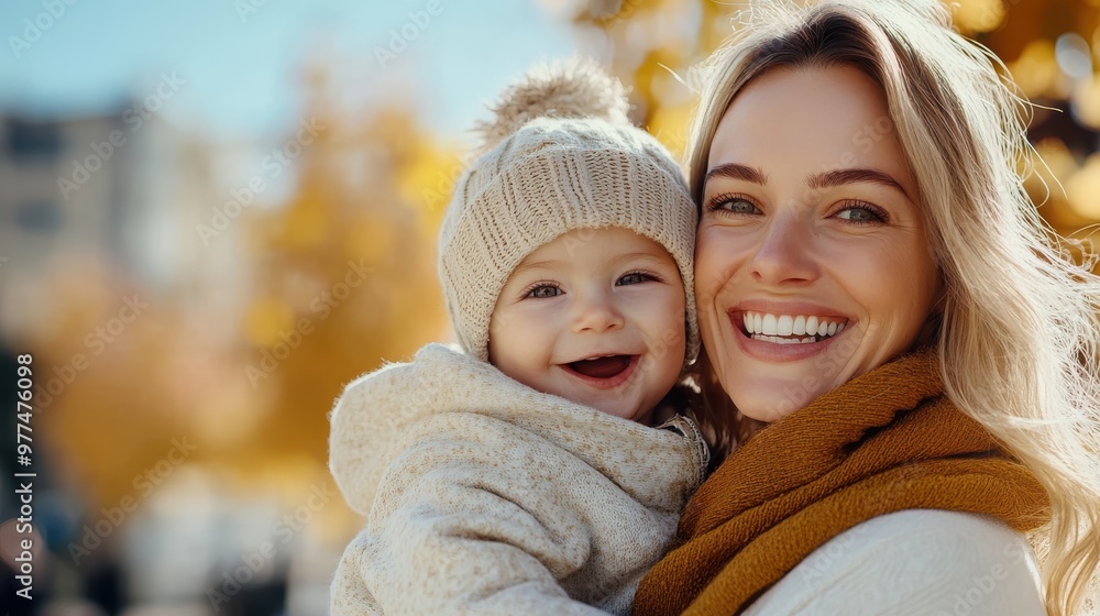 Obraz premium A cheerful mother holds her smiling baby on a sunny autumn day, both warmly dressed, capturing the joy and warmth of family moments in a picturesque setting.