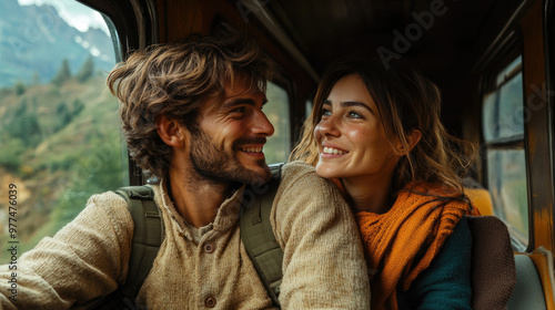 A smiling couple sits together in a train, enjoying a scenic ride with nature visible through the windows. They wear warm clothes and backpacks, embodying happiness and companionship on their journey.