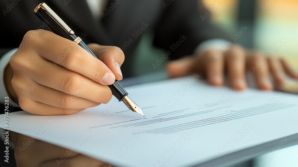Businessperson signing a formal document with a fountain pen, Signing contract, Professionalism and commitment Businessperson signing a formal document with a fountain pen, Signing contract, Professionalism and commitment