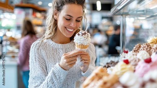 A woman joyfully holds an ice cream cone topped with chocolate and sprinkles in a dessert parlor, conveying happiness and the pleasure of sweet indulgence.