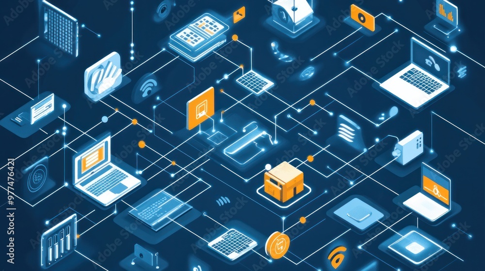 Fototapeta premium A detailed graphic showing a network management system, highlighting connected devices, data traffic, and security protocols.