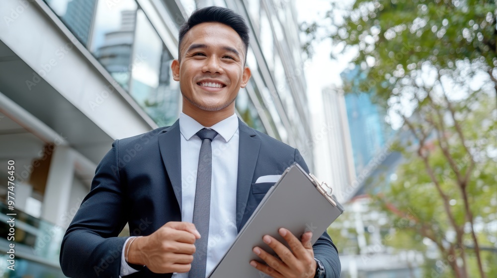 A professional man in formal attire holds a clipboard and poses joyfully in an urban cityscape, exuding positivity and dedication in a bustling environment. A professional man in formal attire holds a clipboard and poses joyfully in an urban cityscape, exuding positivity and dedication in a bustling environment.