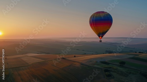 colorful hot air balloon rising into the clear morning sky