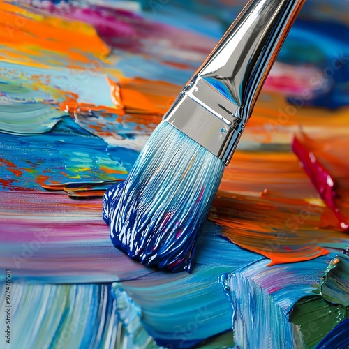 Closeup of an artist s brush adding vibrant paint to a canvas, Artist s brush in motion, Creativity and expression photo