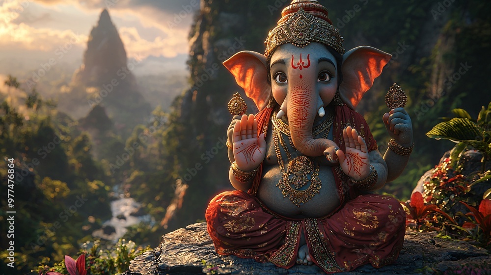 Fototapeta premium Show a 3D cartoon of Ganesh on a mountaintop, gazing into the distance as if guiding souls towards enlightenment