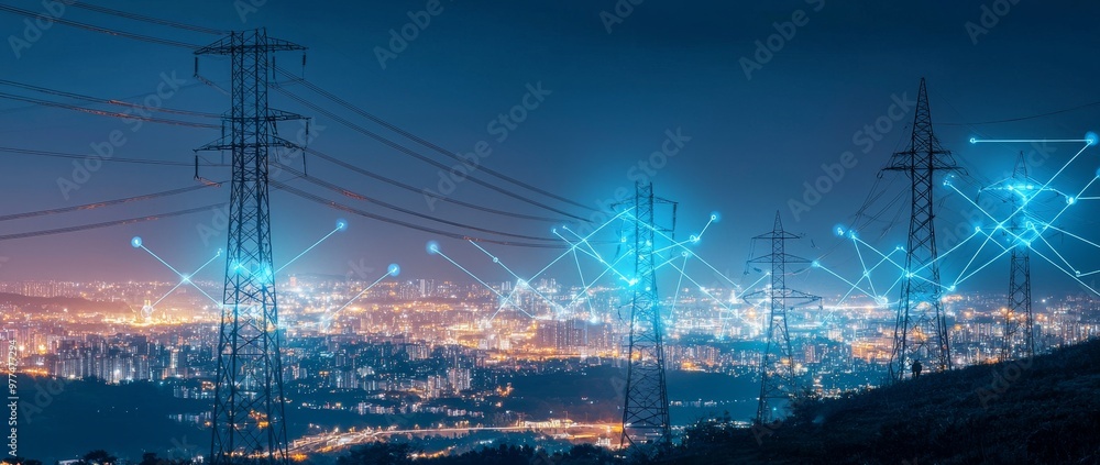 An urban area with high power electricity poles connected to the smart grid. Concept picture of energy supply, distribution, transmission and high voltage supply. An urban area with high power electricity poles connected to the smart grid. Concept picture of energy supply, distribution, transmission and high voltage supply.
