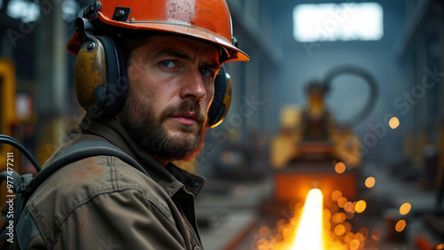 Diligent factory worker in protective helmet and headset, overseeing the fiery metallurgical process, highlighting industrial precision and the importance of safety in manufacturing. photo