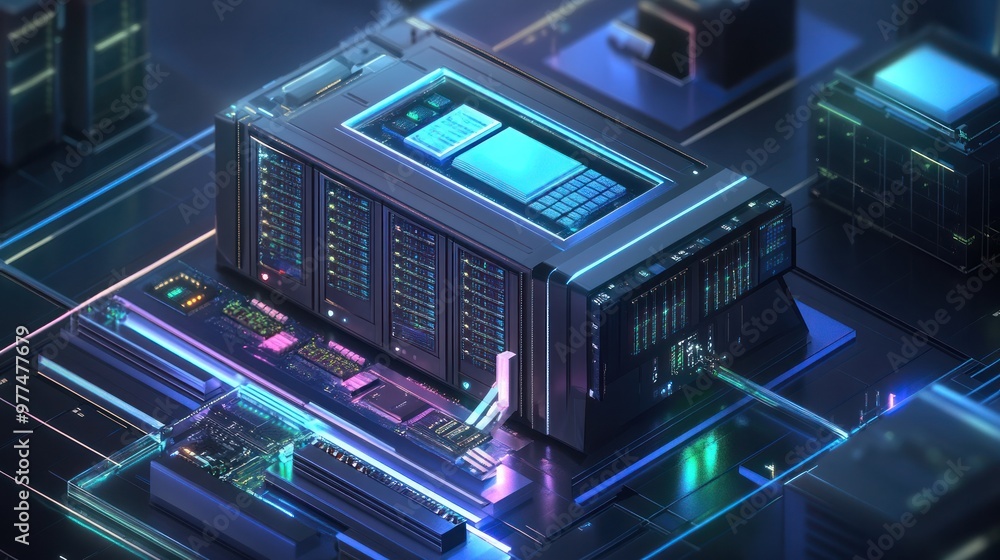 A futuristic data center solution showcasing automated server management, cloud integration, and energy efficiency. A futuristic data center solution showcasing automated server management, cloud integration, and energy efficiency.
