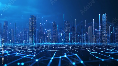 Futuristic Cityscape Illuminated by Blue Network Lines