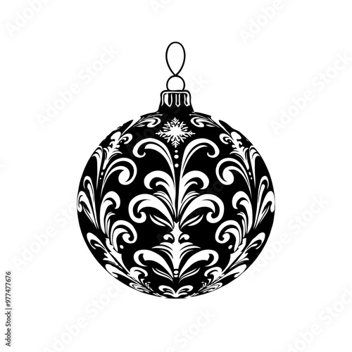 Black and white image of a Christmas ornament with intricate floral designs, isolated on a white background. Vector illustration