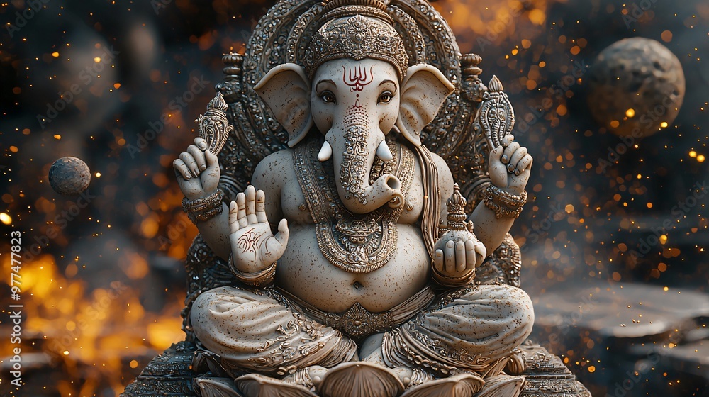 Fototapeta premium Design a 3D image of Ganesh on a cosmic lotus floating in space, with stars and planets in the background