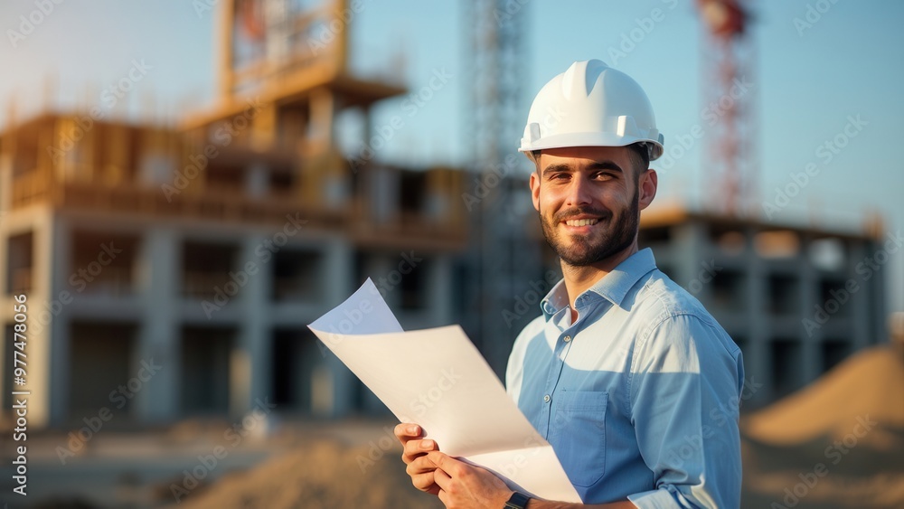 A young male engineer confidently poses at a bustling construction site, holding blueprints. He represents innovation, precision, and determination in the development of new infrastructure. A young male engineer confidently poses at a bustling construction site, holding blueprints. He represents innovation, precision, and determination in the development of new infrastructure.