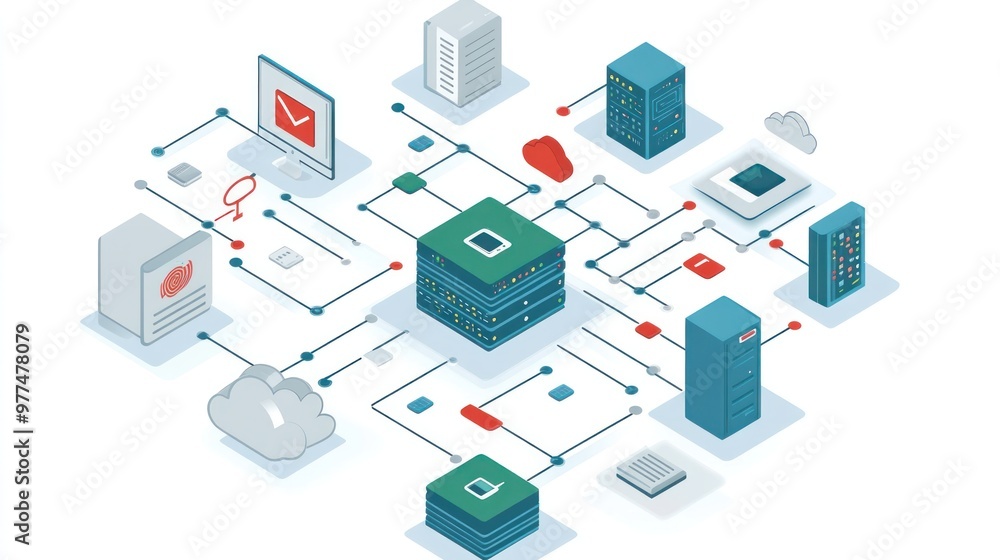 A graphic illustration of a data network, showing how data flows between devices, servers, and cloud storage. A graphic illustration of a data network, showing how data flows between devices, servers, and cloud storage.