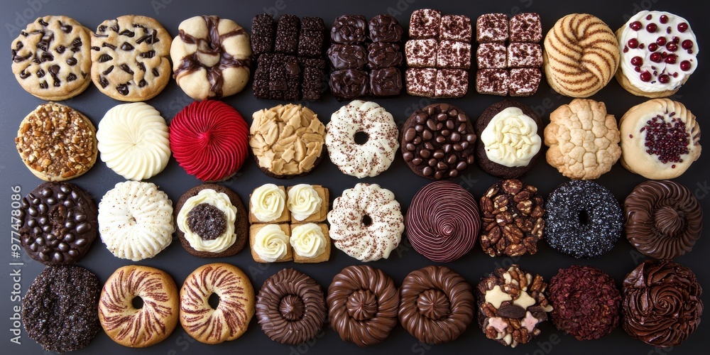 A vibrant display of sweet treats: cookies, pastries, and chocolates neatly arranged