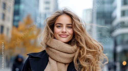 A young woman with long, flowing hair stands confidently in front of a vibrant urban backdrop, embracing the freedom and energy of city life with her radiant smile.