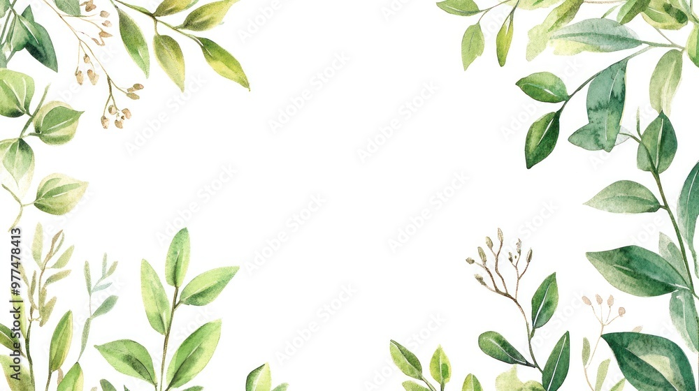 A hand-painted watercolor botanical illustration with delicate green leaves and flowers, framing the edges of the page for a natural, artistic wedding invitation. A hand-painted watercolor botanical illustration with delicate green leaves and flowers, framing the edges of the page for a natural, artistic wedding invitation.