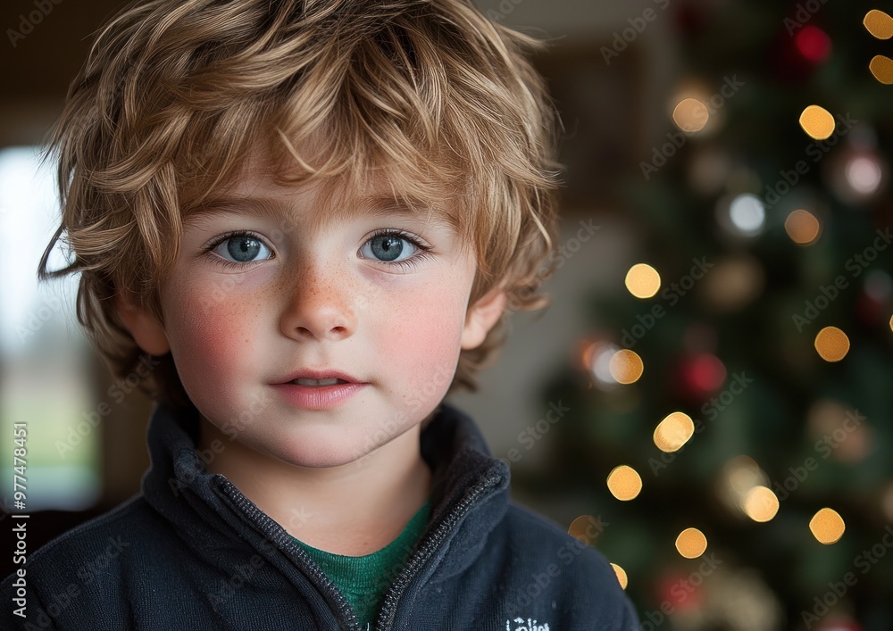 A young child with bright blue eyes poses near a brightly decorated Christmas tree A young child with bright blue eyes poses near a brightly decorated Christmas tree