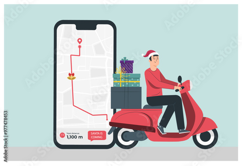 Merry Christmas delivery with a red motorbike ready to give gift to children this december 25