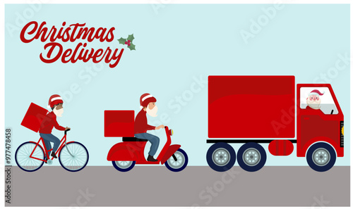 Merry Christmas delivery with a red motorbike ready to give gift to children this december 25