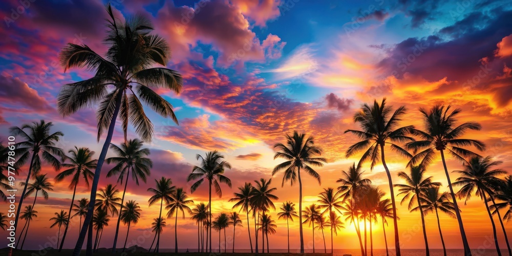 A tropical sunset scene with palm trees silhouettes against a colorful sky A tropical sunset scene with palm trees silhouettes against a colorful sky