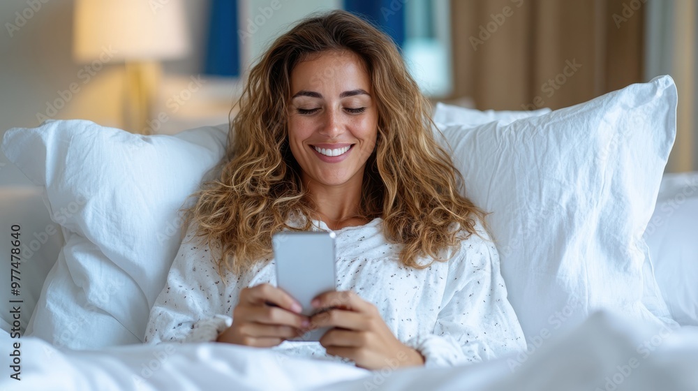 A smiling woman relaxes on her bed with her smartphone, surrounded by cozy pillows, capturing a moment of leisure and contentment in a serene environment. A smiling woman relaxes on her bed with her smartphone, surrounded by cozy pillows, capturing a moment of leisure and contentment in a serene environment.