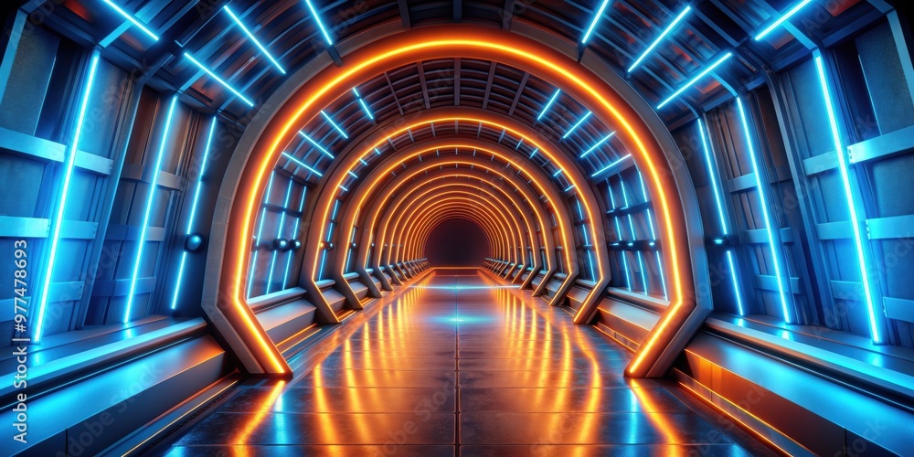 Obraz premium Futuristic tunnel of glowing orange and blue neon lights, futuristic, tunnel, neon lights, glowing, orange, blue