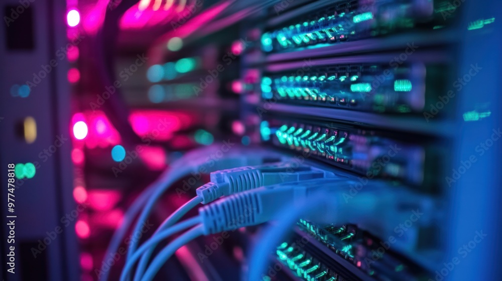 A high-tech server room with visible data network cables connected to networking equipment, emphasizing speed and efficiency. A high-tech server room with visible data network cables connected to networking equipment, emphasizing speed and efficiency.