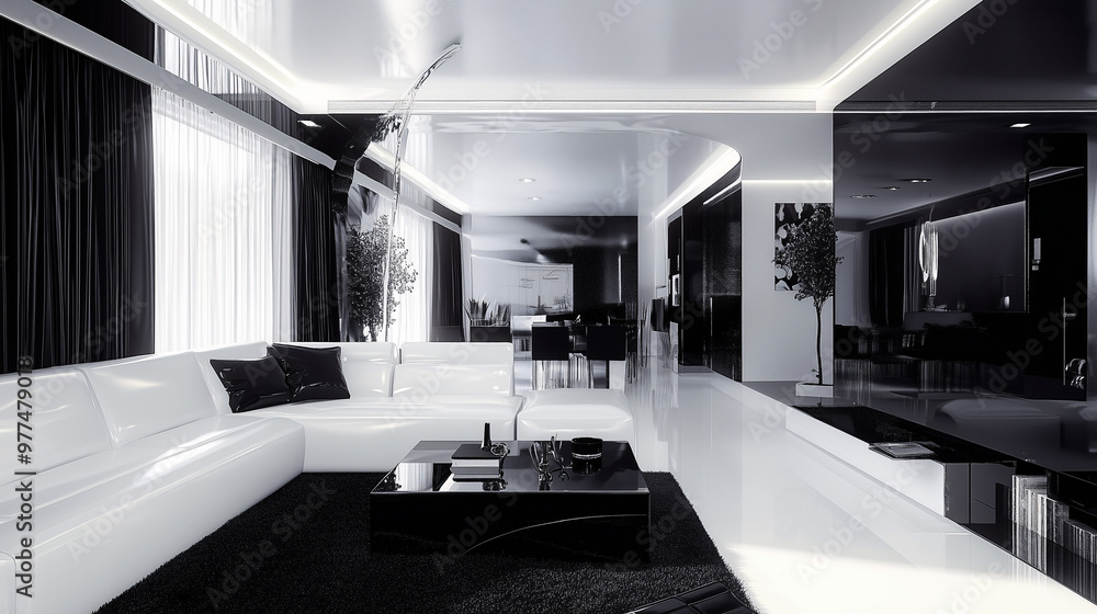 A chic monochrome living room with black and white furniture, high-gloss surfaces, and dramatic lighting. Minimalist decor and bold contrasts create an elegant, fashion-forward atmosphere A chic monochrome living room with black and white furniture, high-gloss surfaces, and dramatic lighting. Minimalist decor and bold contrasts create an elegant, fashion-forward atmosphere
