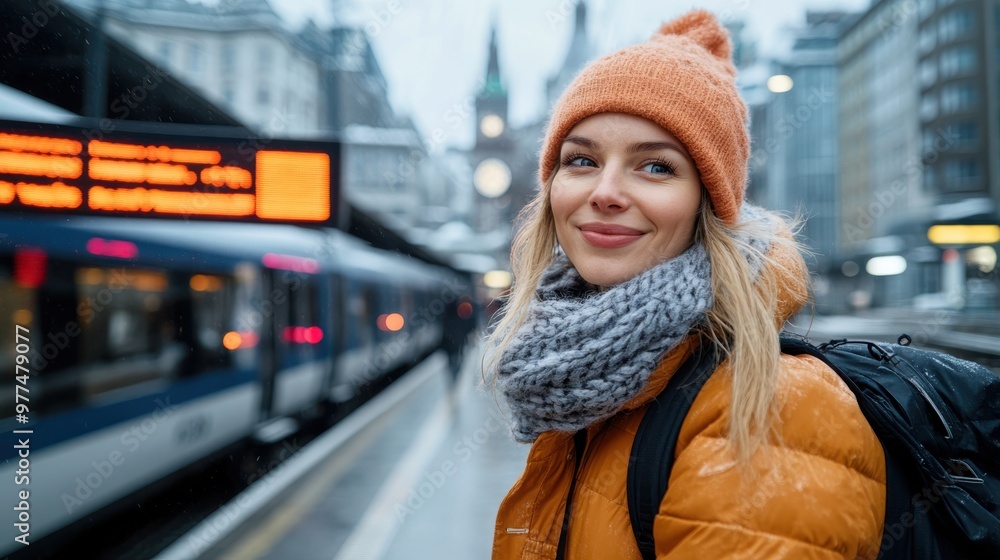 A woman wearing a hat and scarf stands cheerfully on a platform beside a train in a snowy station, creating a cozy and warm atmosphere. A woman wearing a hat and scarf stands cheerfully on a platform beside a train in a snowy station, creating a cozy and warm atmosphere.