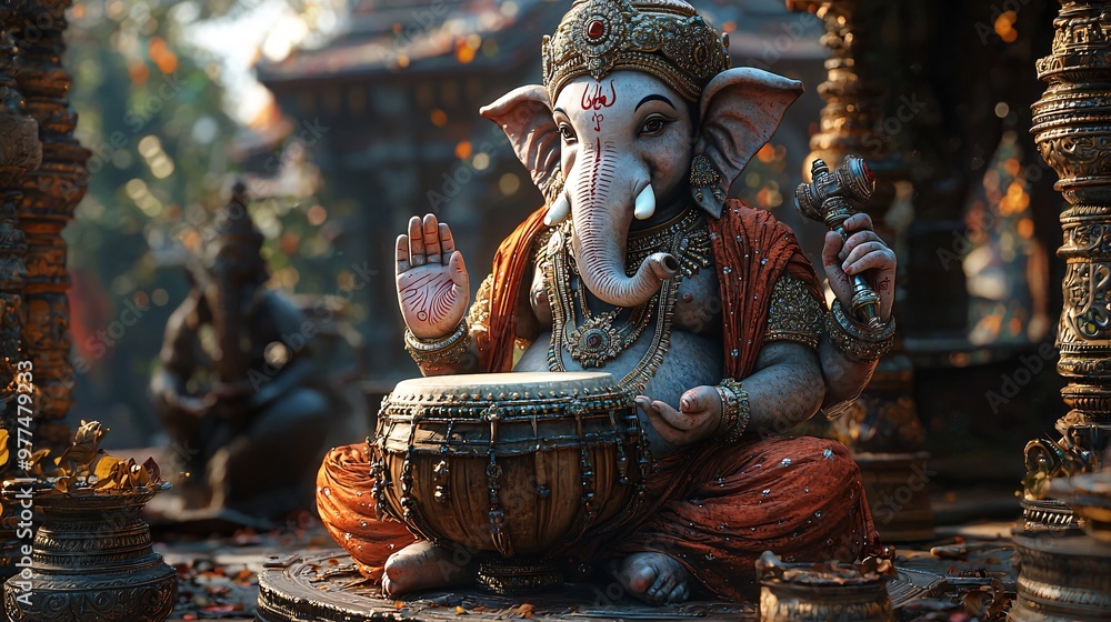 Fototapeta premium Create a 3D representation of Ganesh playing the mridangam (drum), blending music, art, and spirituality