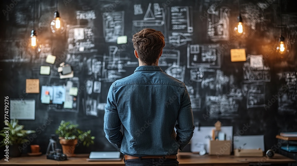 an entrepreneur engaged in thoughtful reflection on new ideas in a creatively designed workspace, illustrating the power of inspiration an entrepreneur engaged in thoughtful reflection on new ideas in a creatively designed workspace, illustrating the power of inspiration
