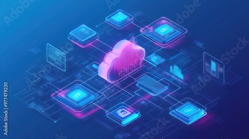 A minimalist IT architecture diagram with cloud integration, data flow, and layered security, representing enterprise solutions.
