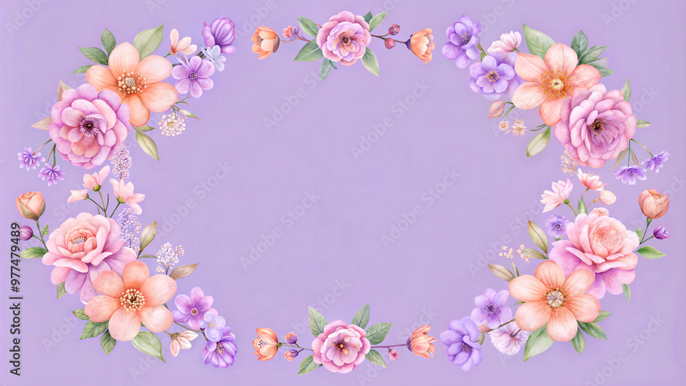 Floral frame design in soft peach and purple colors on a lavender background with copy space