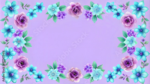 Floral frame design in vibrant purple and turquoise colors on a lilac background with copy space